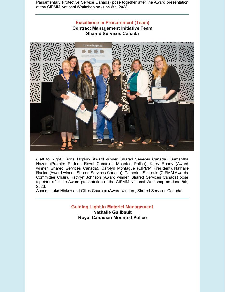 Shared Services Canada Contract Management Initiative Team receiving a 2023 CIPMM award