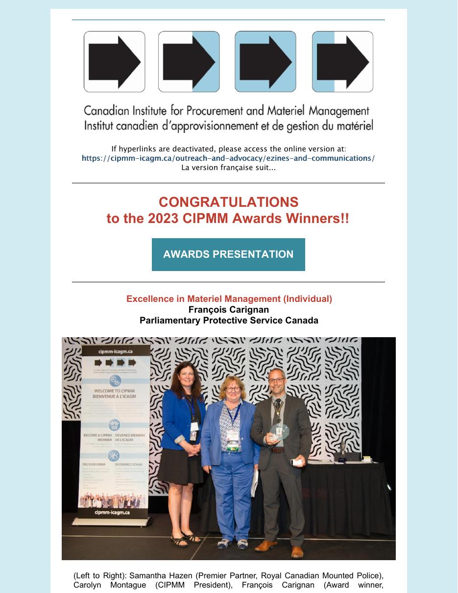 François Carignan receiving the 2023 CIPMM Excellence in Materiel Management Award