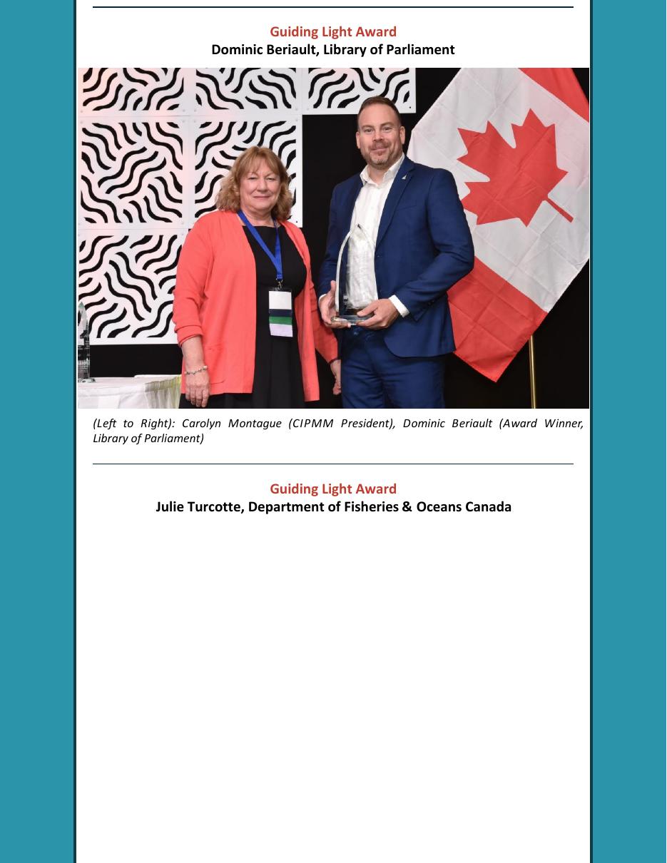 Dominic Beriault and Julie Turcotte receiving 2025 CIPMM Guiding Light Awards